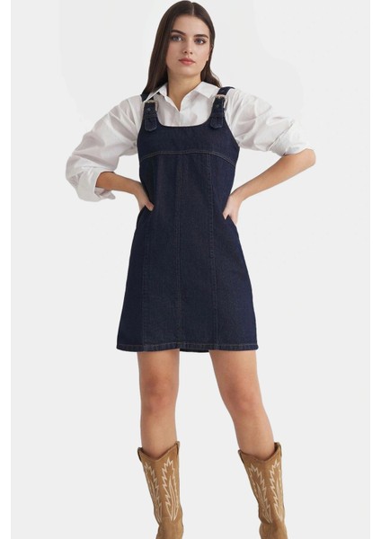 Yazlık Pamuklu Denim Elbise Bisiklet Yaka Ayarlanabilir Askılar Mini Boy Zarifane Tasarım modelleri