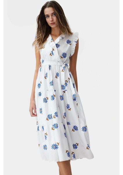 Pamuklu Midi Elbise Skater Kalıp Kruvaze Yaka Rahat Günlük Kombin Şık Görünüm Mükemmel Uyum