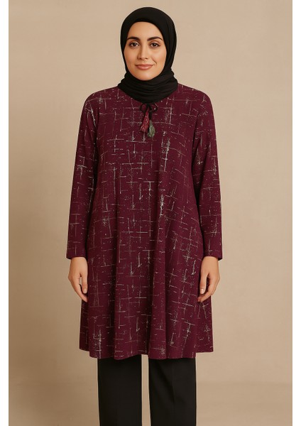 Kadın Cizgi Desenli Ipli Simli Tunik Bordo