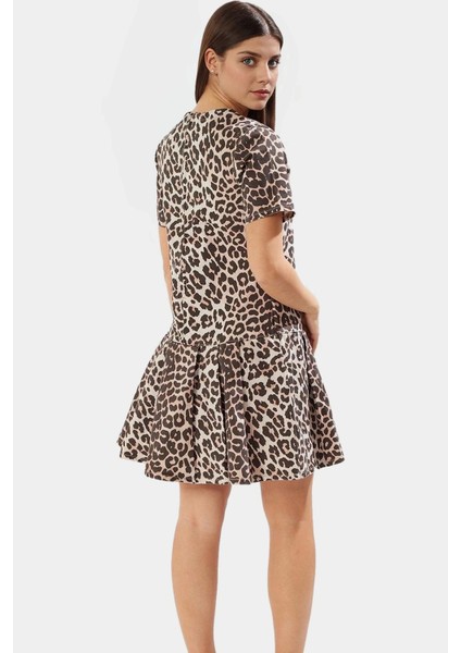 Yazlık Kısa Kollu Çok Leopar Desenli Denim Mini Elbise Fırfırlı Premium Kalite