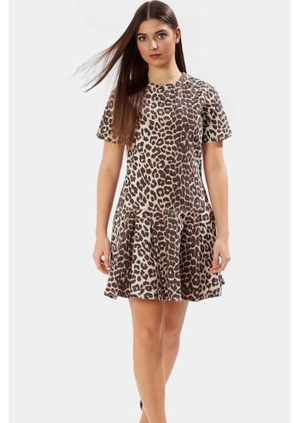 Yazlık Kısa Kollu Çok Leopar Desenli Denim Mini Elbise Fırfırlı Premium Kalite fiyatları