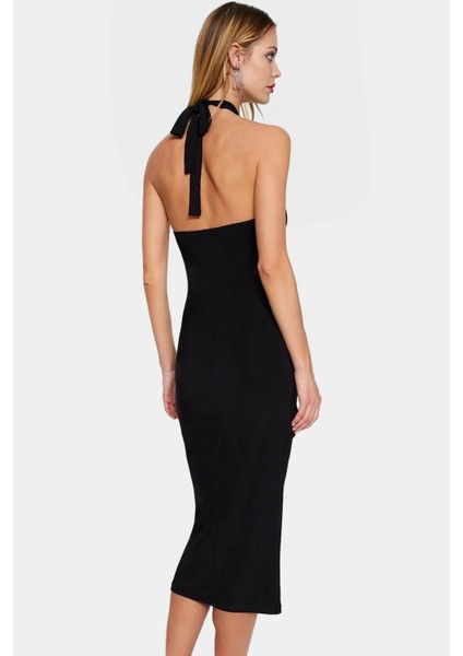 Esnek Örme Bodycon Elbise Midi Boy Boyundan Bağlamalı Yaz Için Mükemmel Konforlu Kesim modelleri