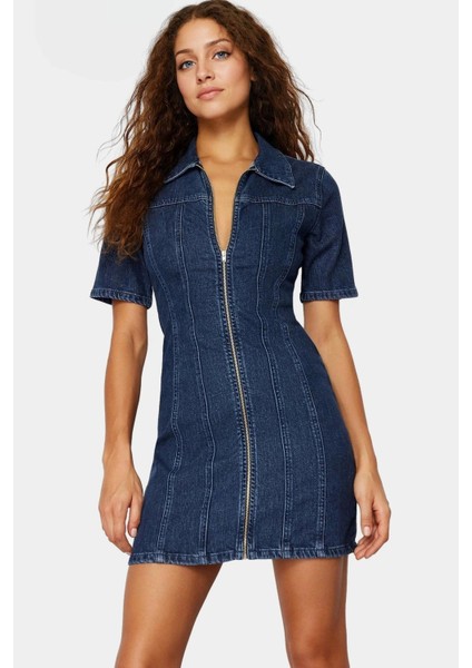 Care Koleksiyonu Mini Denim Elbise Gömlek Yaka Fermuarlı Bodycon 88CM Şık Görünüm Uzun Ömürlü