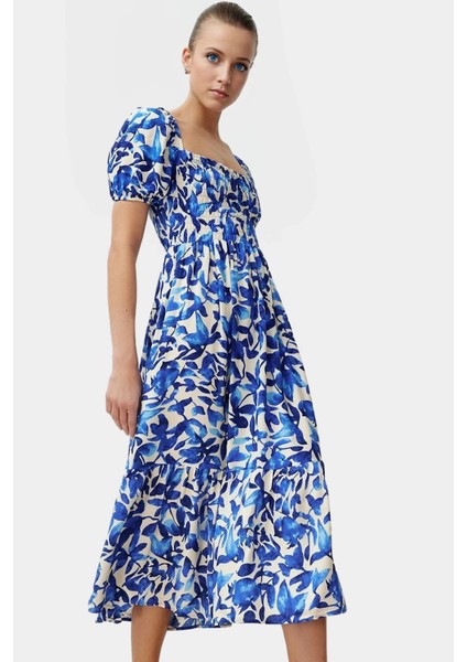 Shally Dokuma Viskoz Çiçekli Skater Elbise Gipeli Midi Boy Yüksek Kalite Günlük Kullanım Için