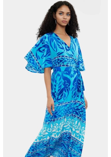 A Line Shally Dokuma Midi Elbise Etnik Desen V Yaka Kuşak Detaylı Yüksek Kalite