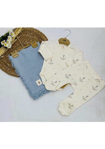 Baskılı Çıtçıtlı Badi, Alt ve Müslin Battaniyeli Yenidoğan Bebek 3lü Set