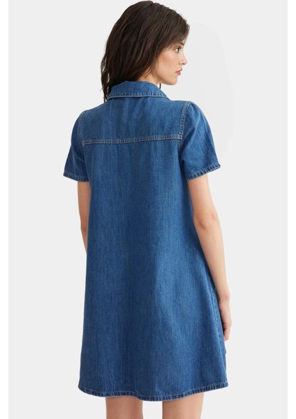 Kısa Kollu Pamuklu Denim Gömlek Elbise Cep Detaylı Mini Boy Günlük Tarz Modern Stil fiyatları