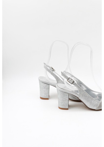 Taşlı Kısa Kısa Topuklu Abiye Kadın Ayakkabı PM172 Gümüş Çizgili