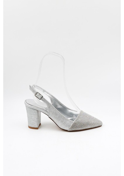 Taşlı Kısa Kısa Topuklu Abiye Kadın Ayakkabı PM172 Gümüş Çizgili fiyatları