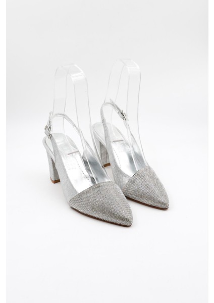 Taşlı Kısa Kısa Topuklu Abiye Kadın Ayakkabı PM172 Gümüş Çizgili fırsatları