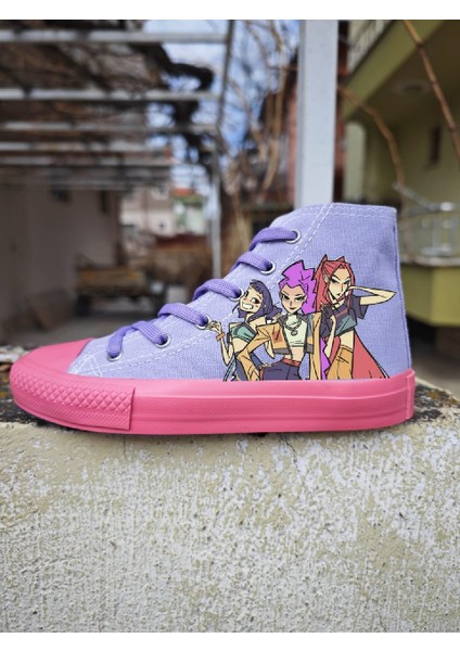 Mor Pembe Taban Keten Kpop Baskılı Çocuk Spor Ayakkabı Sneaker