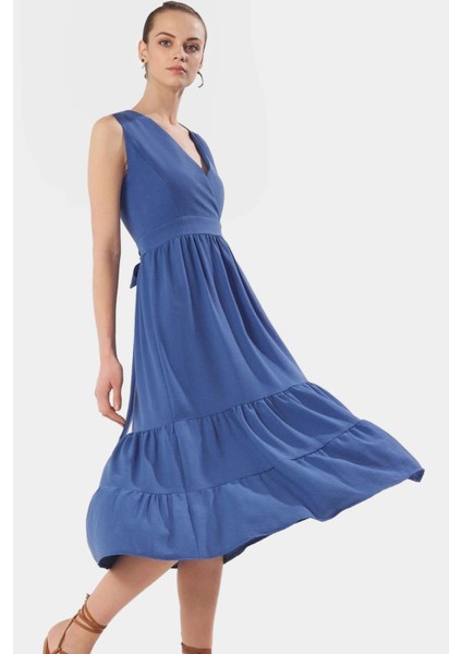 Rahat V Yaka Midi Elbise Polyester Dokuma Kumaş Yazlık Günlük Stil Kullanım Için