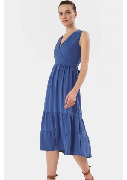Rahat V Yaka Midi Elbise Polyester Dokuma Kumaş Yazlık Günlük Stil Kullanım Için modelleri