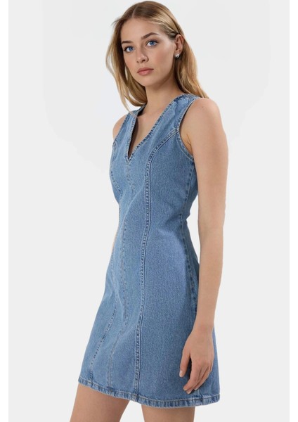 Pamuk Denim Mini Elbise V Yaka Kolsuz Yazlık Rahat Günlük Yüksek Kalite Seçkin Malzeme