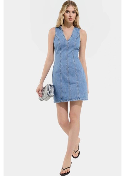 Pamuk Denim Mini Elbise V Yaka Kolsuz Yazlık Rahat Günlük Yüksek Kalite Seçkin Malzeme modelleri