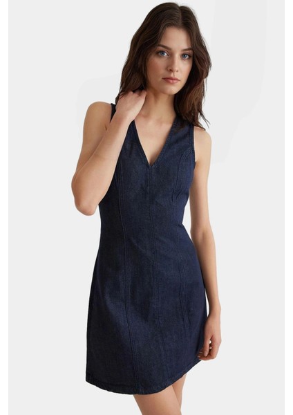 Pamuk Denim Mini Elbise V Yaka Kolsuz Yazlık Rahat Günlük Yüksek Kalite Seçkin Malzeme