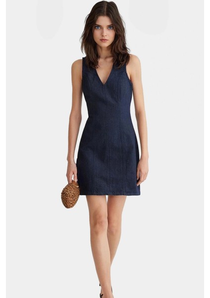 Pamuk Denim Mini Elbise V Yaka Kolsuz Yazlık Rahat Günlük Yüksek Kalite Seçkin Malzeme modelleri