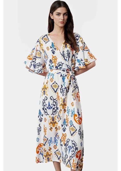 Rahat ve Şık Çok Etnik Desenli Viskoz Midi Elbise Kruvaze Yaka Premium Kalite Görünüm fiyatları