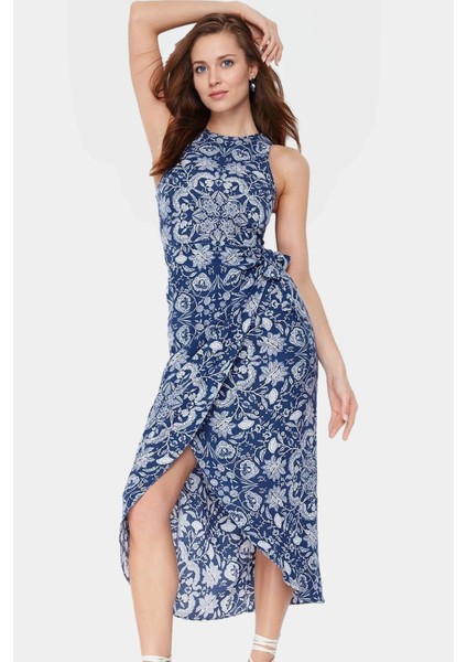 Yazlık A Kesim Midi Elbise Viskoz Şal Desenli Rahat Modern Stil Trend Tasarım