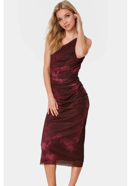 Tek Omuzlu Midi Elbise Vücuda Oturan Aksesuarlı Tül Örme Kumaş Dayanıklı Malzeme