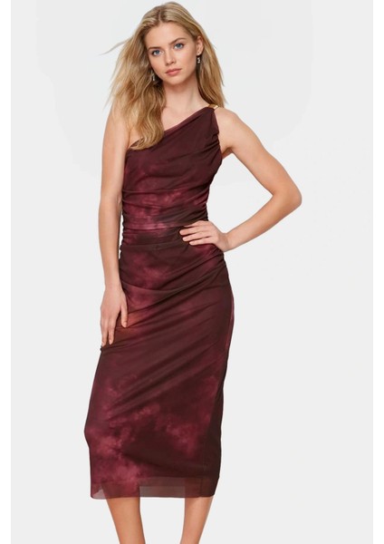 Tek Omuzlu Midi Elbise Vücuda Oturan Aksesuarlı Tül Örme Kumaş Dayanıklı Malzeme fiyatları