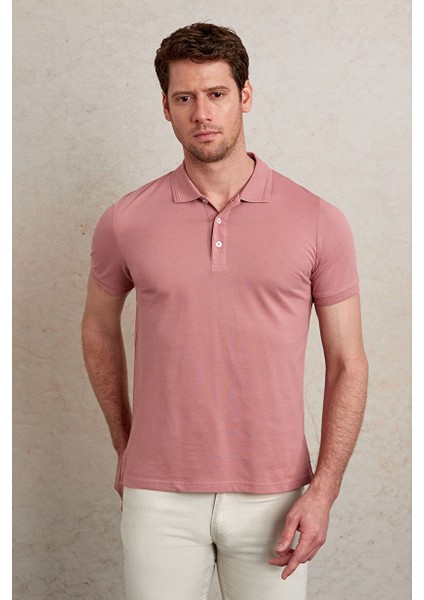 Pembe Regular Fit Düz 100% Pamuklu Polo Yaka Tişört