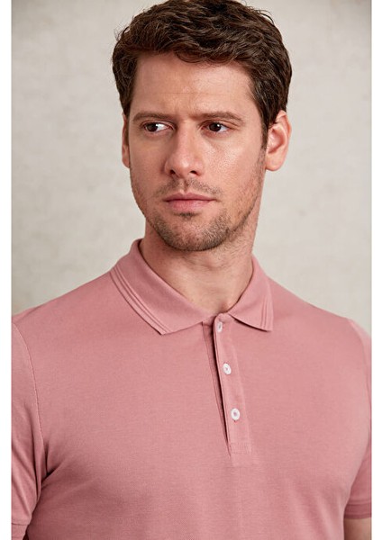 Pembe Regular Fit Düz 100% Pamuklu Polo Yaka Tişört