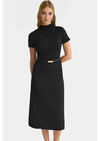 A Line Midi Elbise Polyester Karışımlı Dokuma Kumaş Kemersiz Rahat Dayanıklı Malzeme modelleri