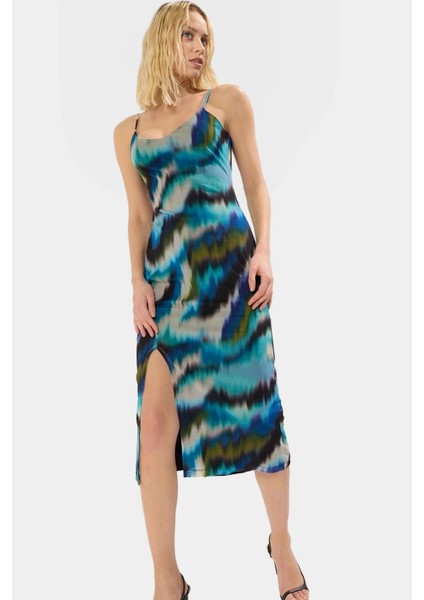 Yazlık Örme Midi Elbise V Yaka Bodycon Tül Soyut Desen Modern Stil Özel Tasarım