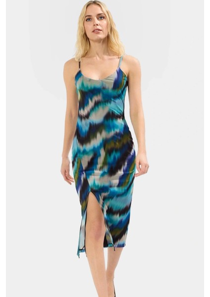 Yazlık Örme Midi Elbise V Yaka Bodycon Tül Soyut Desen Modern Stil Özel Tasarım modelleri