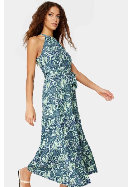 Örme Polyester Maxi Elbise Kolsuz A Line Halter Yaka Şık Görünüm Zarifane Tasarım Yüksek Kalite