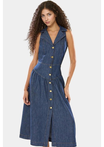 Pamuk Denim Midi Elbise Rahat Kalıp Gömlek Yaka Yazlık Özel Tasarım Zarifane modelleri