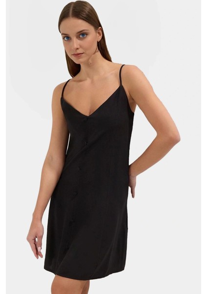 Rahat Viskoz Mini Elbise V Yaka Düğmeli Shift Kalıp Günlük Kullanım Için Modern Stil modelleri