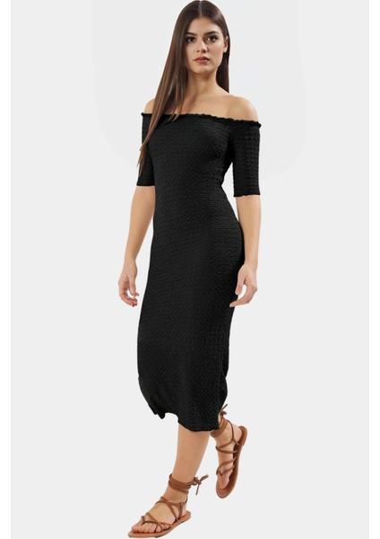 Bodycon Midi Elbise Carmen Yaka Renk Gofre Dokuma Örme Kumaş Uzun Ömürlü Rahat ve Şık fiyatları