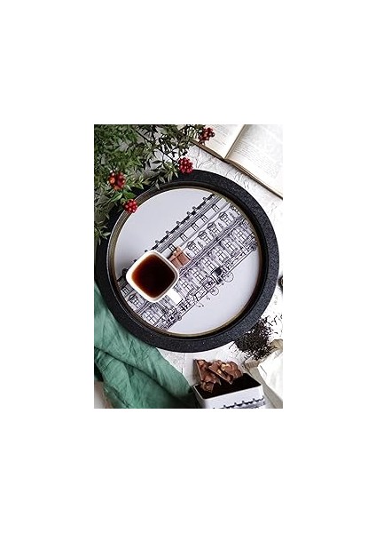 Evle-City Desenli Yuvarlak Metal Tepsi - Çay Kahve Tepsisi - Sunum Tepsisi 37 cm (City)