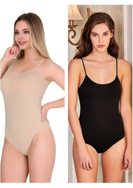 Kit Iç Giyim Berrak 2'li Siyah ve Ten Renkler Ip Askılı Çıtçıtlı (Kancalı) Body - Atlet