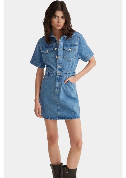 Pamuk Denim Gömlek Elbise Midi Boy Kısa Kollu Casual Stil Mükemmel Uyum Şık Görünüm