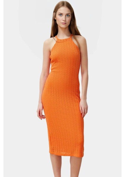 Nefes Alan Örme Midi Elbise Halter Yaka Bodycon Günlük Mükemmel Uyum Seçkin Malzeme