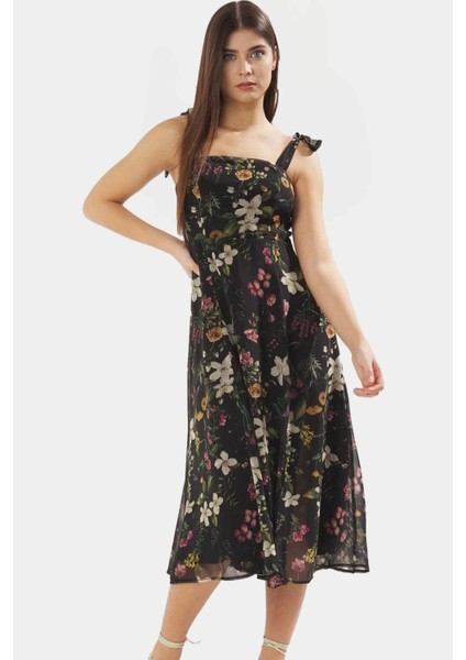 A Line Gipeli Şifon Midi Elbise Dokuma Kumaş Kare Yaka Şık Görünüm Kaliteli Işçilik