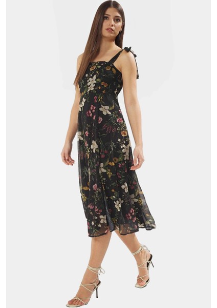 A Line Gipeli Şifon Midi Elbise Dokuma Kumaş Kare Yaka Şık Görünüm Kaliteli Işçilik fiyatları