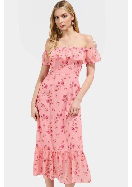 A Line Şifon Midi Elbise Kısa Kollu Çiçekli Desen Carmen Yaka Rahat ve Şık Zarifane Tasarım