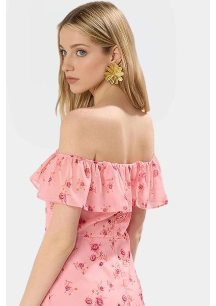 A Line Şifon Midi Elbise Kısa Kollu Çiçekli Desen Carmen Yaka Rahat ve Şık Zarifane Tasarım fiyatları