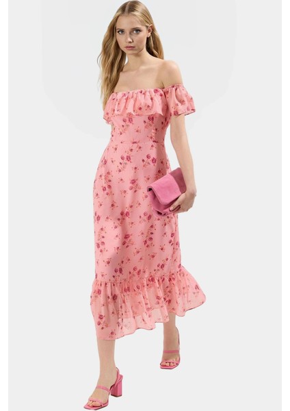 A Line Şifon Midi Elbise Kısa Kollu Çiçekli Desen Carmen Yaka Rahat ve Şık Zarifane Tasarım modelleri