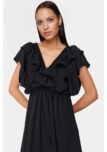 Polyester Aerobin Dokuma Elbise Midi Boy Volan Detay Lastikli Bel Profesyonel Görünüm