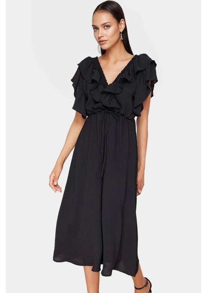 Polyester Aerobin Dokuma Elbise Midi Boy Volan Detay Lastikli Bel Profesyonel Görünüm fiyatları