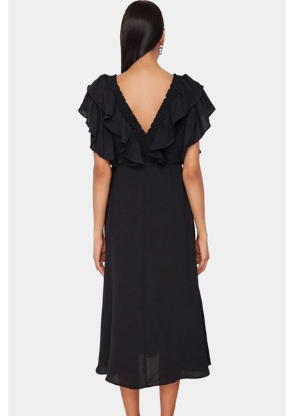 Polyester Aerobin Dokuma Elbise Midi Boy Volan Detay Lastikli Bel Profesyonel Görünüm modelleri