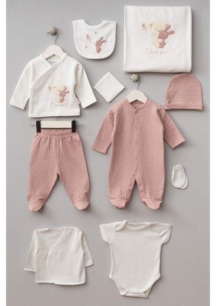 Sarılan Ayıcık Desenli 10 Parça Kutulu Yenidoğan Hastane Çıkışı Zıbın Seti