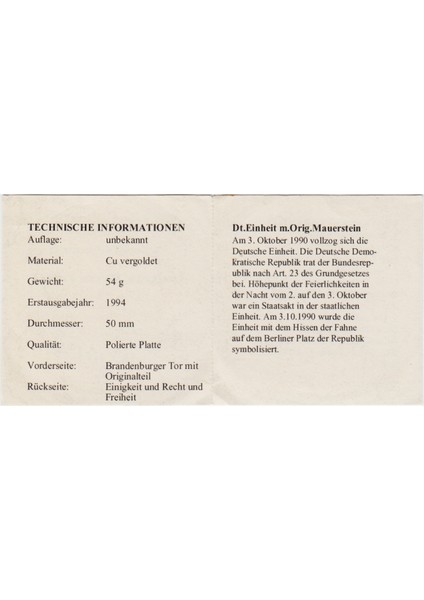 Almanya Orijinal Berlin Duvarı Parçalı Madalyon 1994 Seri Nolu Sertifikalı 50 mm 54 Gr. Altın Kaplama Çil indirimleri