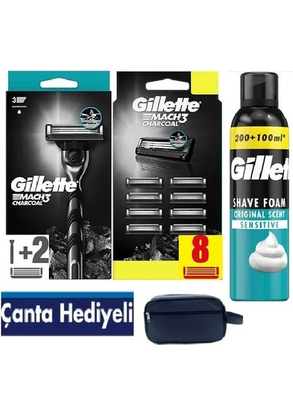 Mach3 Charcoal Makine + 10 Adet Yedek Tıraş Bıçağı +300 ml Köpük + Çanta