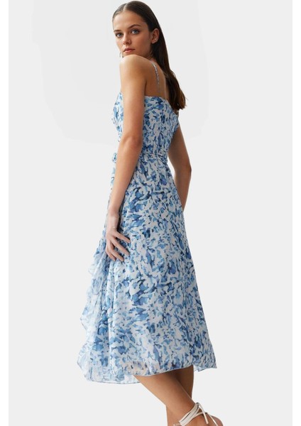 A Line Midi Elbise Şifon Dokuma V Yaka Kuşaklı Soyut Desen Profesyonel Görünüm